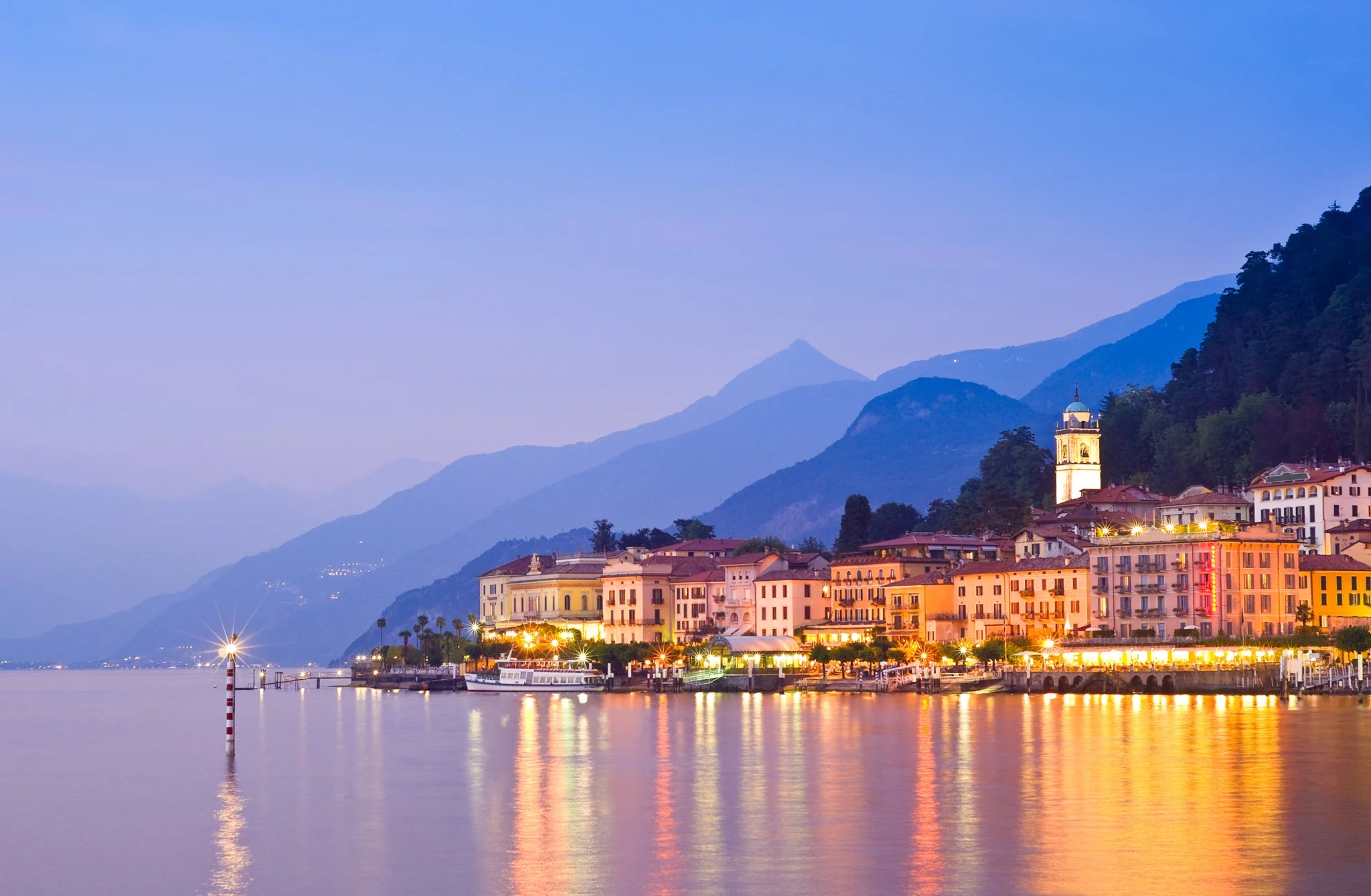 Lakeside European village at dusk